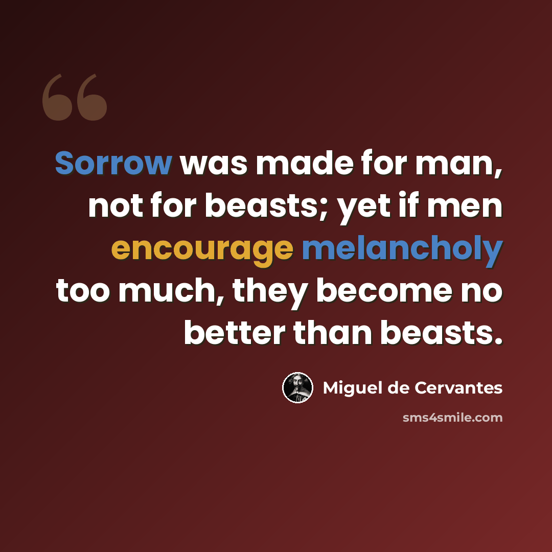 “Sorrow was made for man, not for beasts; yet if men encourage melancholy too much, they become no better than beasts.” quote by Miguel de Cervantes