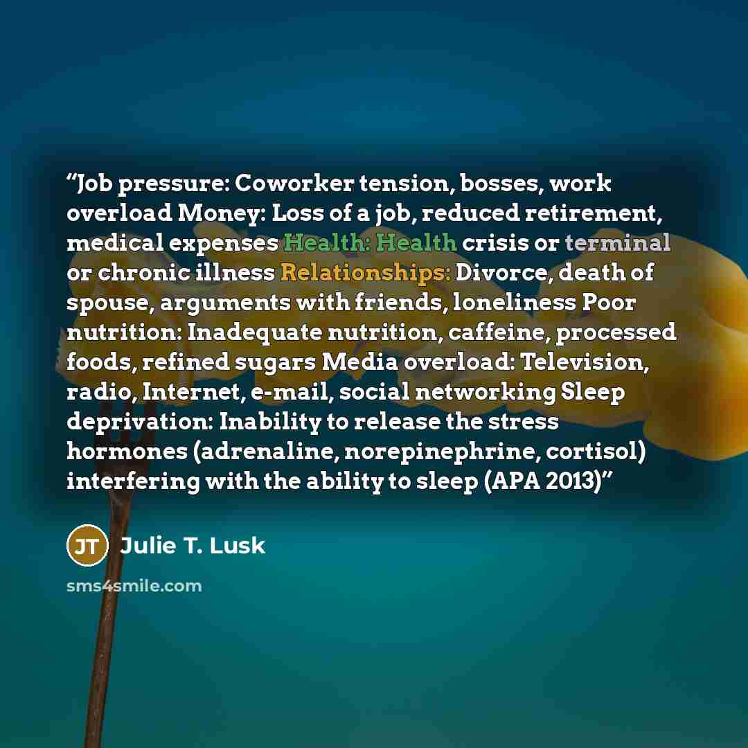“Job pressure: Coworker tension, bosses, work overload Money: Loss of a job, reduced retirement, medical expenses Health: Health crisis or terminal or chronic illness Relationships: Divorce, death of spouse, arguments with friends, loneliness Poor nutrition: Inadequate nutrition, caffeine…” quote by Julie T. Lusk