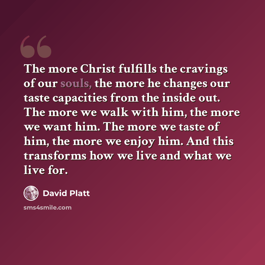 “The more Christ fulfills the cravings of our souls, the more he changes our taste capacities from the inside out. The more we walk with him, the more we want him. The more we taste of him, the more we enjoy him. And this transforms how we live and what we live for.” quote by David Platt