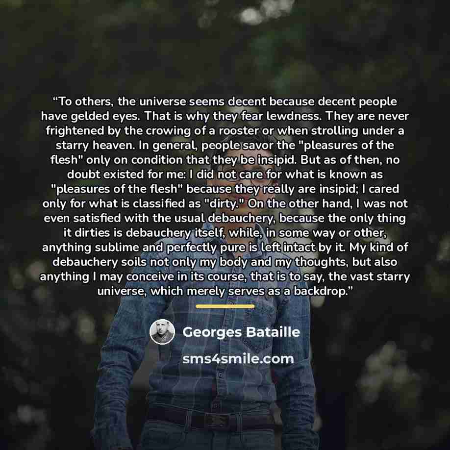 “To others, the universe seems decent because decent people have gelded eyes. That is why they fear lewdness. They are never frightened by the crowing of a rooster or when strolling under a starry heaven. In general, people savor the "pleasures of the flesh" only on condition that they be insipid…” quote by Georges Bataille