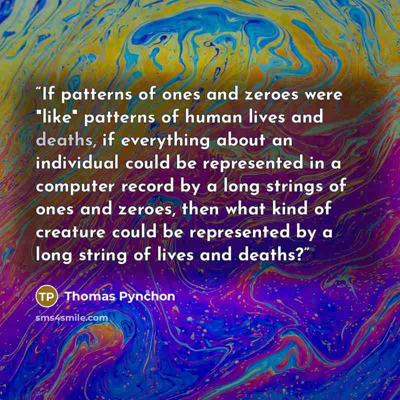 “If patterns of ones and zeroes were "like" patterns of human lives and deaths, if everything about an individual could be represented in a computer record by a long strings of ones and zeroes, then what kind of creature could be represented by a long string of lives and deaths?” quote by Thomas Pynchon