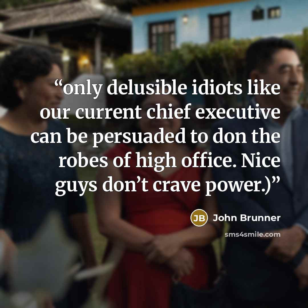“only delusible idiots like our current chief executive can be persuaded to don the robes of high office. Nice guys don’t crave power.)” quote by John Brunner