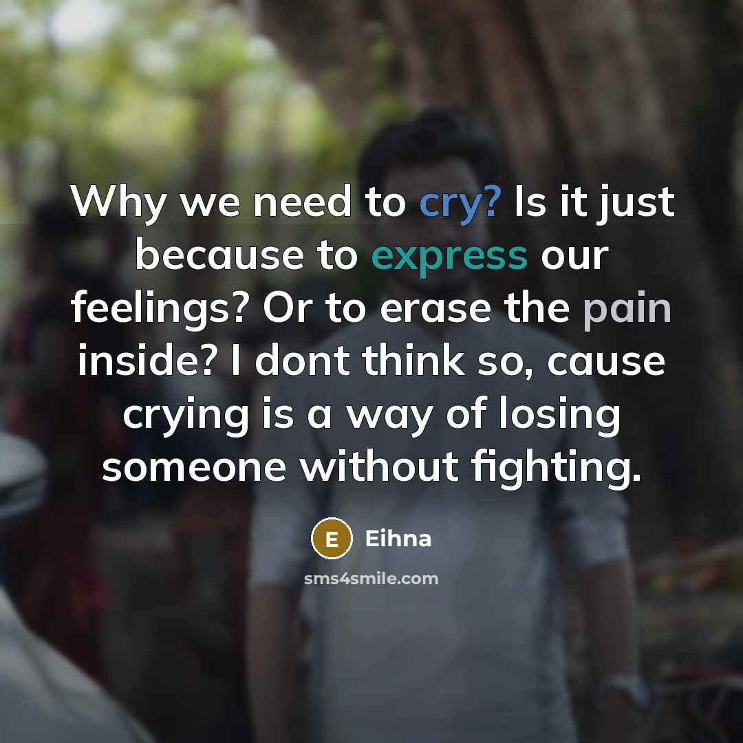 “Why we need to cry? Is it just because to express our feelings? Or to erase the pain inside? I dont think so, cause crying is a way of losing someone without fighting.” quote by Eihna
