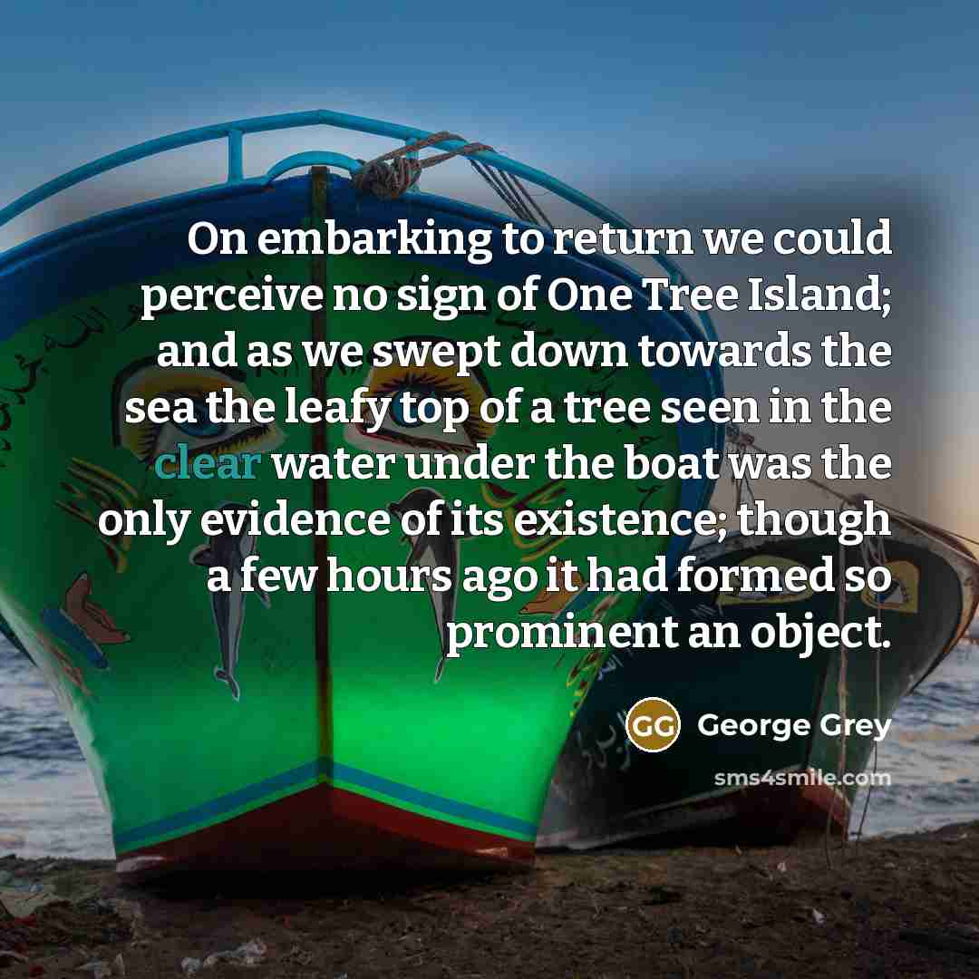 “On embarking to return we could perceive no sign of One Tree Island; and as we swept down towards the sea the leafy top of a tree seen in the clear water under the boat was the only evidence of its existence; though a few hours ago it had formed so prominent an object.” quote by George Grey