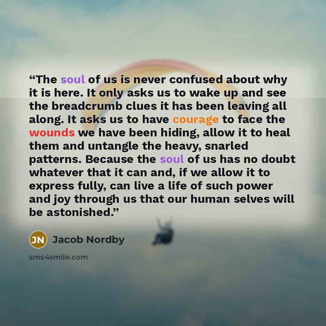 “The soul of us is never confused about why it is here. It only asks us to wake up and see the breadcrumb clues it has been leaving all along. It asks us to have courage to face the wounds we have been hiding, allow it to heal them and untangle the heavy, snarled patterns. Because the soul of us…” quote by Jacob Nordby