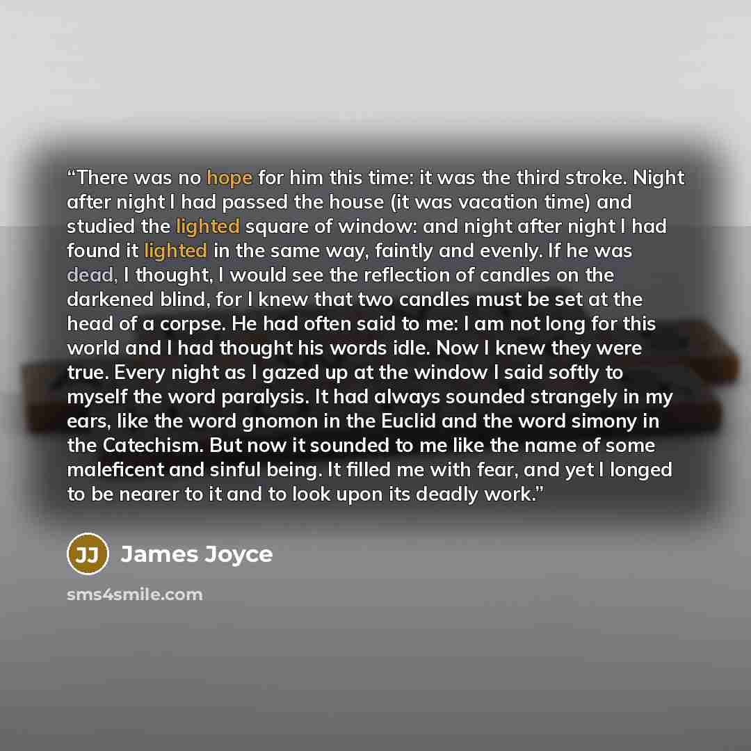 “There was no hope for him this time: it was the third stroke. Night after night I had passed the house (it was vacation time) and studied the lighted square of window: and night after night I had found it lighted in the same way, faintly and evenly. If he was dead, I thought, I would see the…” quote by James Joyce