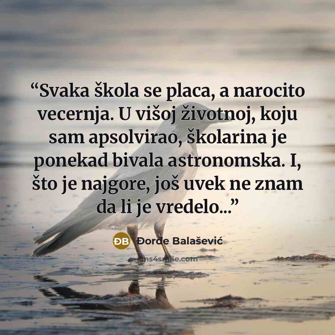 “Svaka škola se placa, a narocito vecernja. U višoj životnoj, koju sam apsolvirao, školarina je ponekad bivala astronomska. I, što je najgore, još uvek ne znam da li je vredelo...” quote by Đorđe Balašević