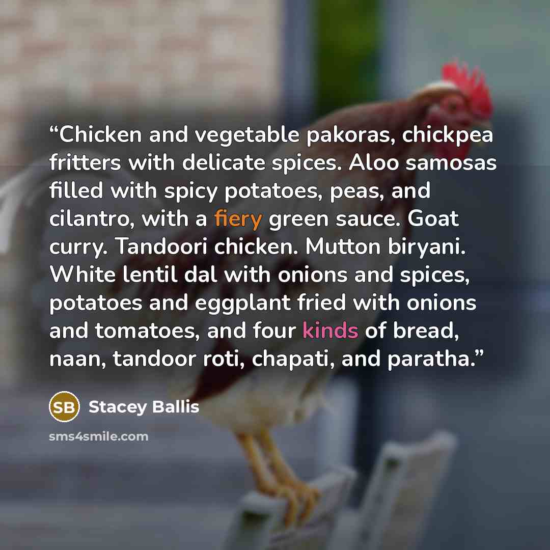 “Chicken and vegetable pakoras, chickpea fritters with delicate spices. Aloo samosas filled with spicy potatoes, peas, and cilantro, with a fiery green sauce. Goat curry. Tandoori chicken. Mutton biryani. White lentil dal with onions and spices, potatoes and eggplant fried with onions and tomatoes…” quote by Stacey Ballis