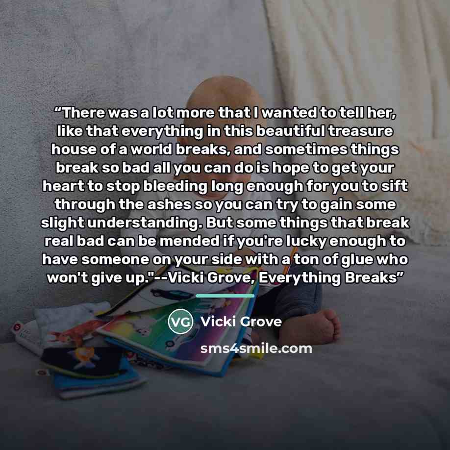 “There was a lot more that I wanted to tell her, like that everything in this beautiful treasure house of a world breaks, and sometimes things break so bad all you can do is hope to get your heart to stop bleeding long enough for you to sift through the ashes so you can try to gain some slight…” quote by Vicki Grove