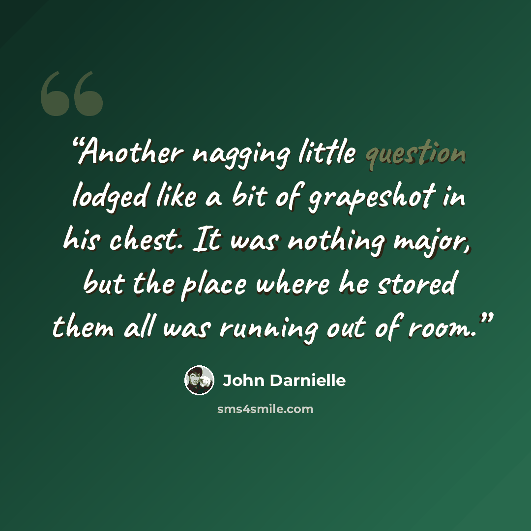 “Another nagging little question lodged like a bit of grapeshot in his chest. It was nothing major, but the place where he stored them all was running out of room.” quote by John Darnielle