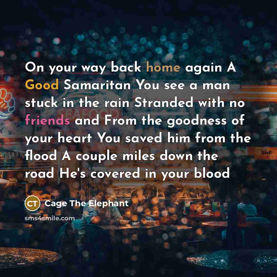 “On your way back home again A Good Samaritan You see a man stuck in the rain Stranded with no friends and From the goodness of your heart You saved him from the flood A couple miles down the road He's covered in your blood” quote by Cage The Elephant