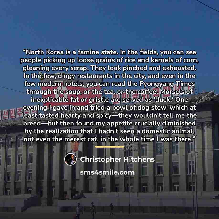 “North Korea is a famine state. In the fields, you can see people picking up loose grains of rice and kernels of corn, gleaning every scrap. They look pinched and exhausted. In the few, dingy restaurants in the city, and even in the few modern hotels, you can read the Pyongyang Times through the…” quote by Christopher Hitchens