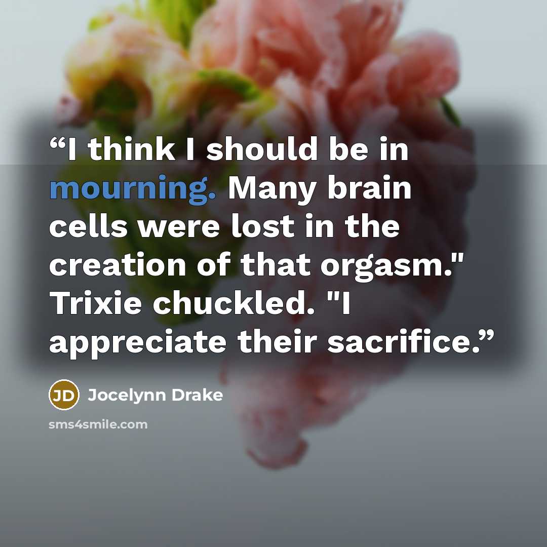 “I think I should be in mourning. Many brain cells were lost in the creation of that orgasm." Trixie chuckled. "I appreciate their sacrifice.” quote by Jocelynn Drake