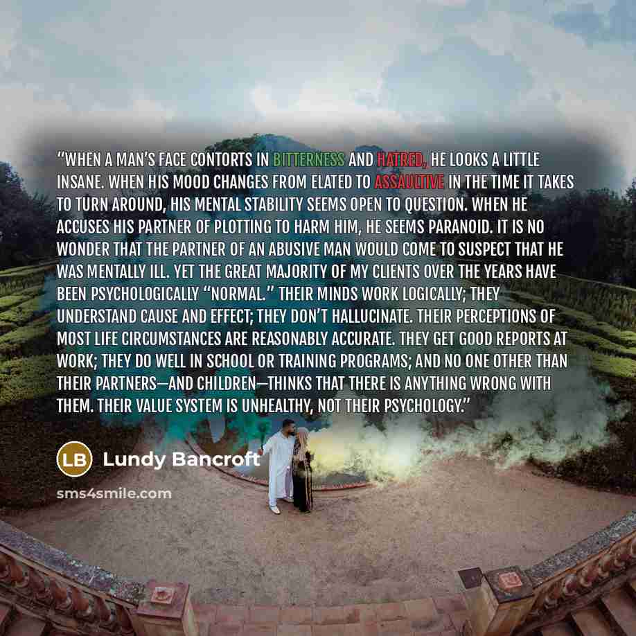 “When a man’s face contorts in bitterness and hatred, he looks a little insane. When his mood changes from elated to assaultive in the time it takes to turn around, his mental stability seems open to question. When he accuses his partner of plotting to harm him, he seems paranoid. It is no wonder…” quote by Lundy Bancroft