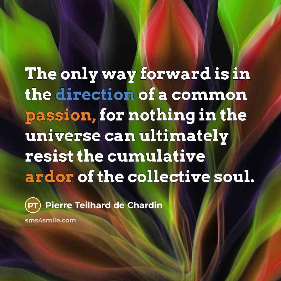 “The only way forward is in the direction of a common passion, for nothing in the universe can ultimately resist the cumulative ardor of the collective soul.” quote by Pierre Teilhard de Chardin