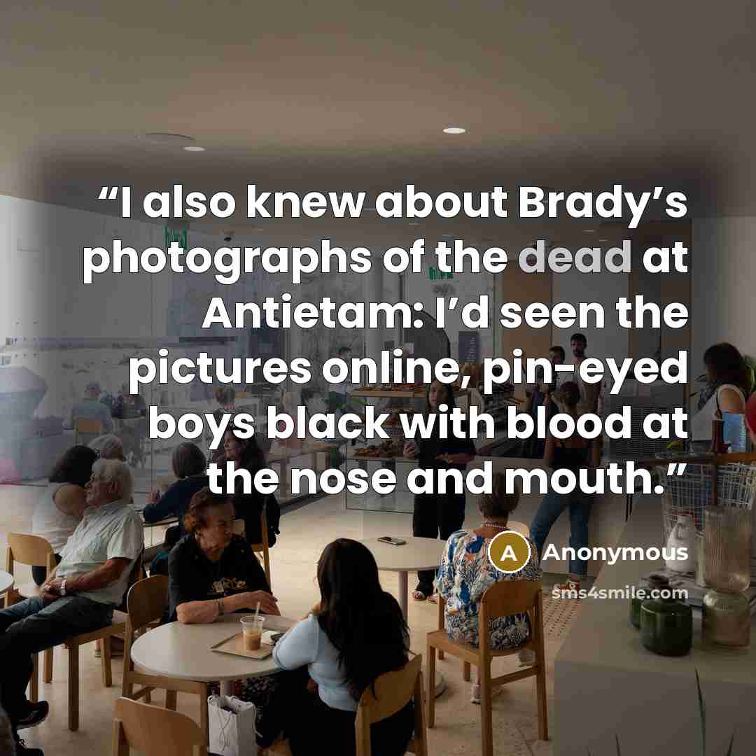 “I also knew about Brady’s photographs of the dead at Antietam: I’d seen the pictures online, pin-eyed boys black with blood at the nose and mouth.” quote by Anonymous