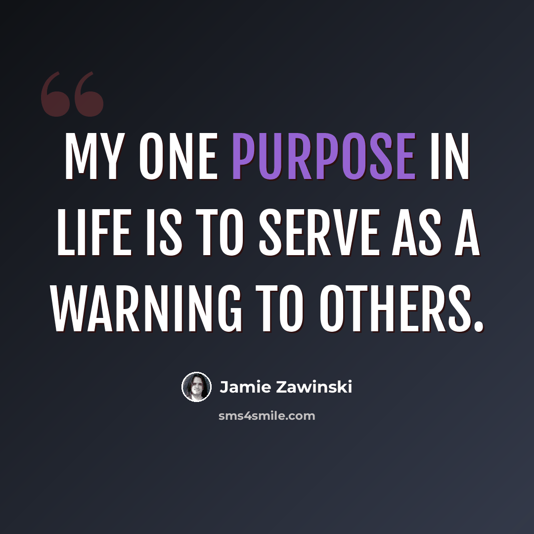 “My one purpose in life is to serve as a warning to others.” quote by Jamie Zawinski