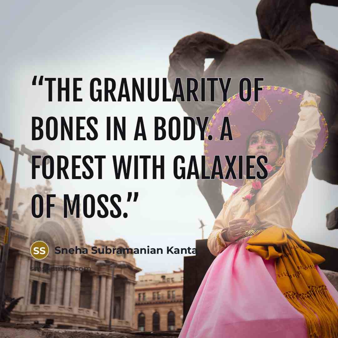 “The granularity of bones in a body. A forest with galaxies of moss.” quote by Sneha Subramanian Kanta