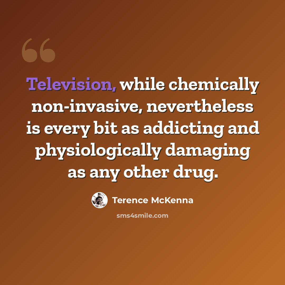 “Television, while chemically non-invasive, nevertheless is every bit as addicting and physiologically damaging as any other drug.” quote by Terence McKenna