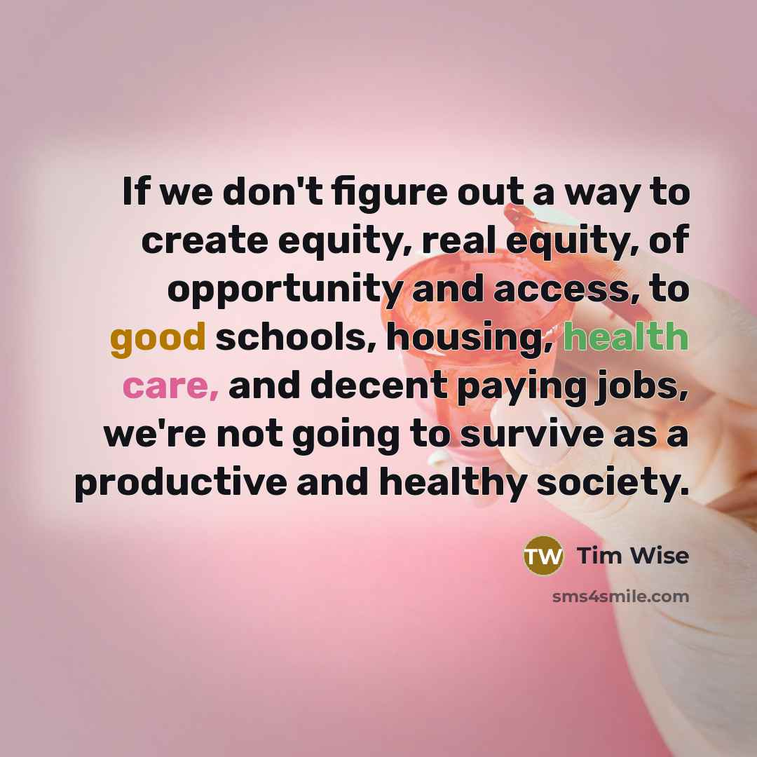 “If we don't figure out a way to create equity, real equity, of opportunity and access, to good schools, housing, health care, and decent paying jobs, we're not going to survive as a productive and healthy society.” quote by Tim Wise