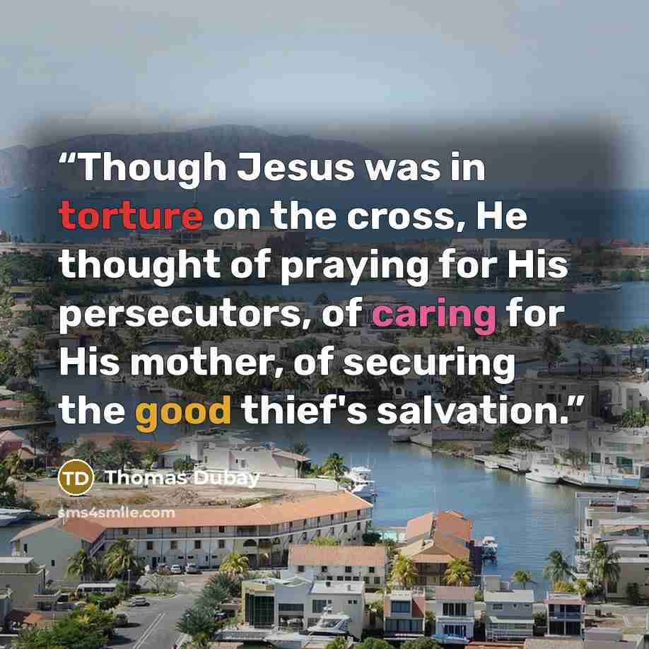“Though Jesus was in torture on the cross, He thought of praying for His persecutors, of caring for His mother, of securing the good thief's salvation.” quote by Thomas Dubay