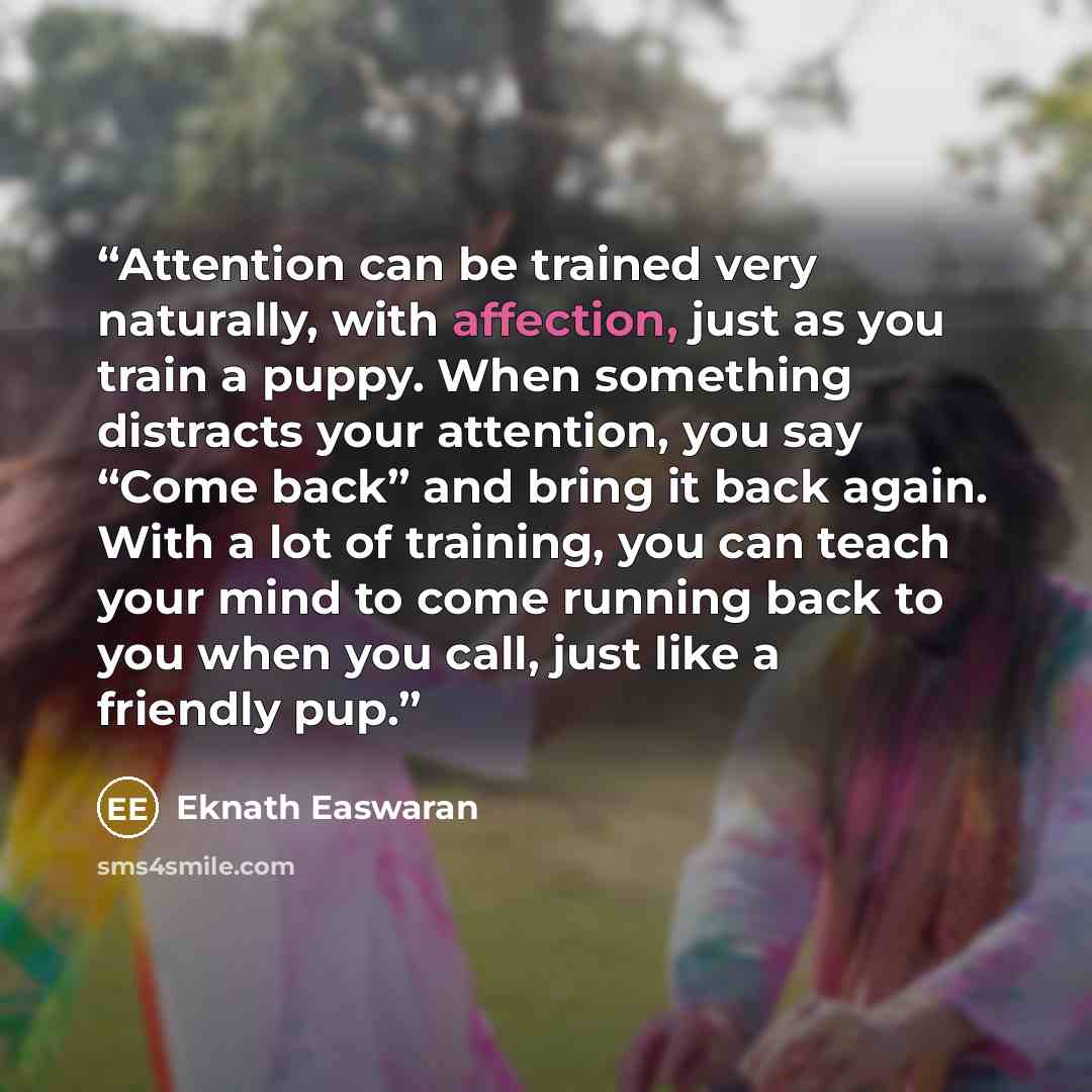 “Attention can be trained very naturally, with affection, just as you train a puppy. When something distracts your attention, you say “Come back” and bring it back again. With a lot of training, you can teach your mind to come running back to you when you call, just like a friendly pup.” quote by Eknath Easwaran