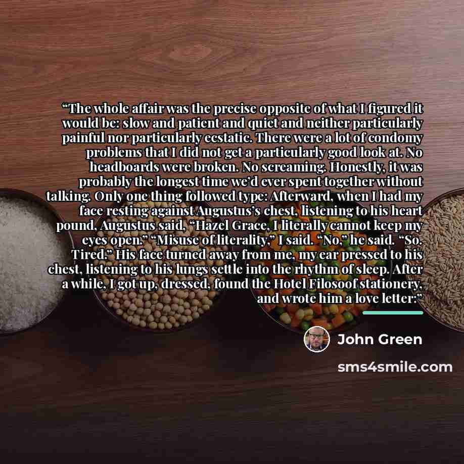 “The whole affair was the precise opposite of what I figured it would be: slow and patient and quiet and neither particularly painful nor particularly ecstatic. There were a lot of condomy problems that I did not get a particularly good look at. No headboards were broken. No screaming. Honestly, it…” quote by John Green