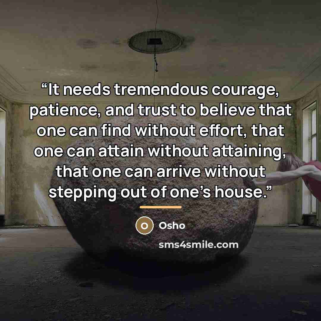 “It needs tremendous courage, patience, and trust to believe that one can find without effort, that one can attain without attaining, that one can arrive without stepping out of one’s house.” quote by Osho