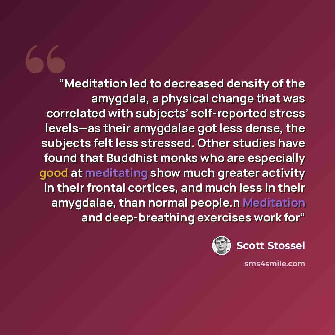 “Meditation led to decreased density of the amygdala, a physical change that was correlated with subjects’ self-reported stress levels—as their amygdalae got less dense, the subjects felt less stressed. Other studies have found that Buddhist monks who are especially good at meditating show much…” quote by Scott Stossel