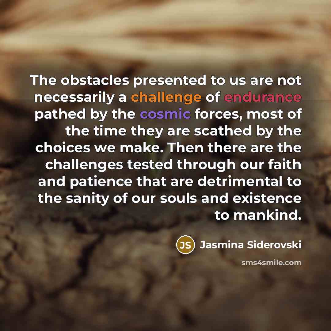 “The obstacles presented to us are not necessarily a challenge of endurance pathed by the cosmic forces, most of the time they are scathed by the choices we make. Then there are the challenges tested through our faith and patience that are detrimental to the sanity of our souls and existence to…” quote by Jasmina Siderovski