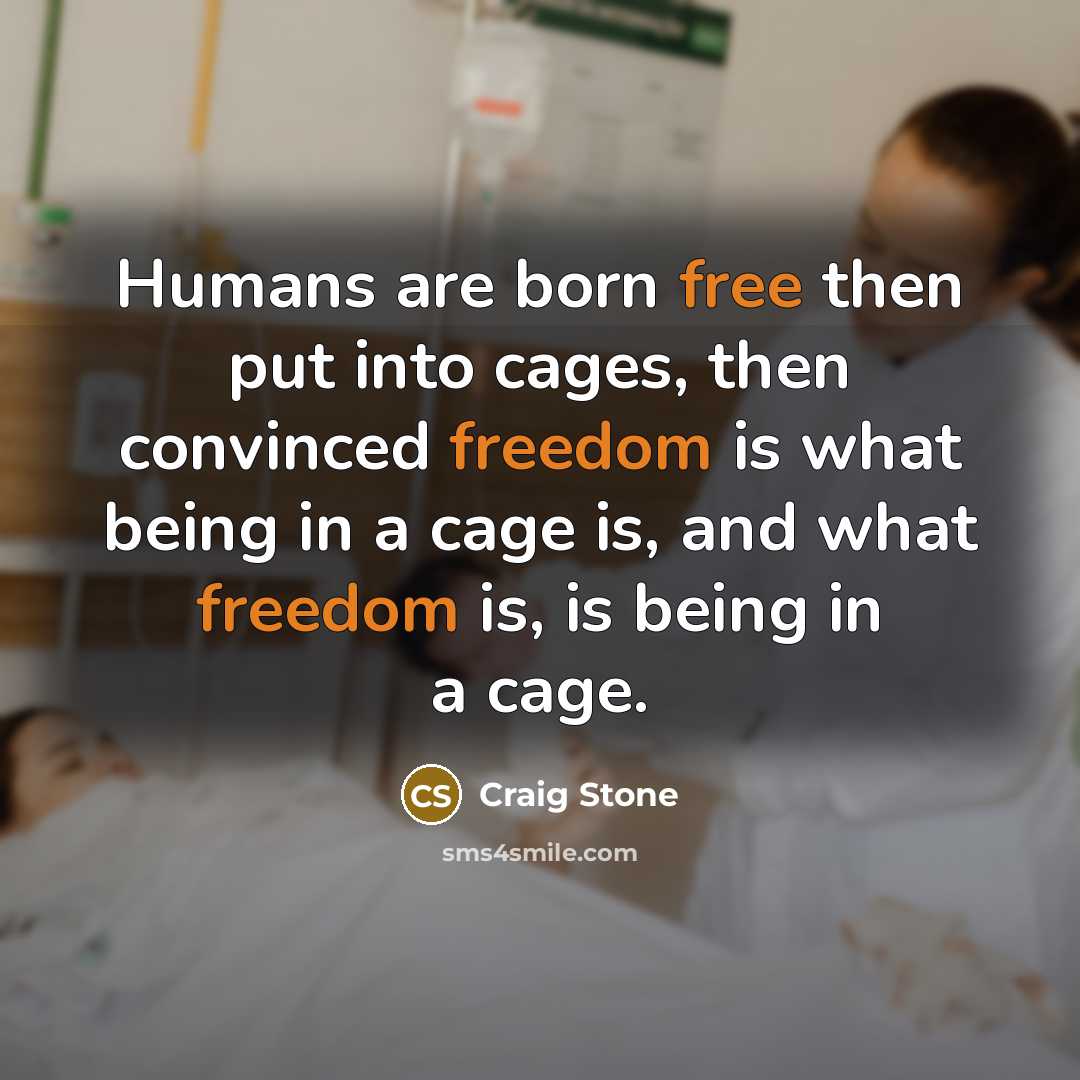 “Humans are born free then put into cages, then convinced freedom is what being in a cage is, and what freedom is, is being in a cage.” quote by Craig Stone
