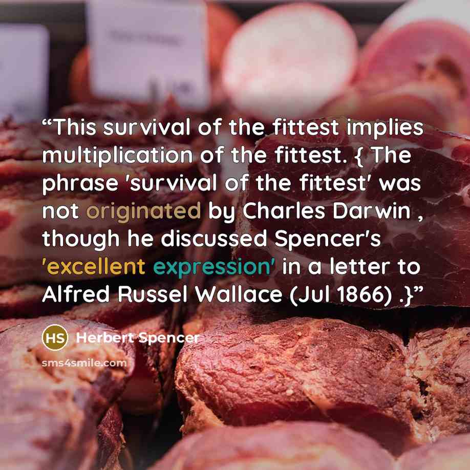 “This survival of the fittest implies multiplication of the fittest. { The phrase 'survival of the fittest' was not originated by Charles Darwin , though he discussed Spencer's 'excellent expression' in a letter to Alfred Russel Wallace (Jul 1866) .}” quote by Herbert Spencer