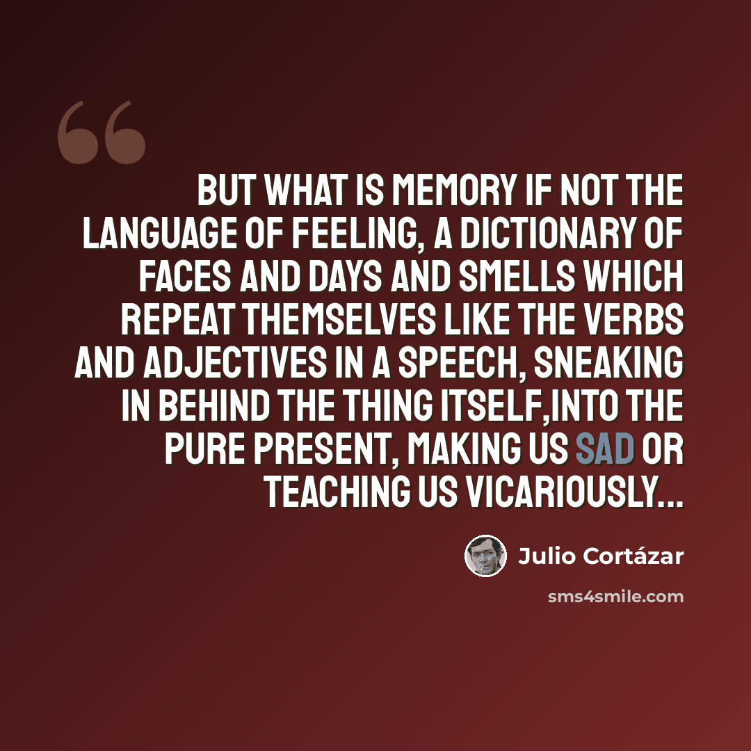 “But what is memory if not the language of feeling, a dictionary of faces and days and smells which repeat themselves like the verbs and adjectives in a speech, sneaking in behind the thing itself,into the pure present, making us sad or teaching us vicariously...” quote by Julio Cortazar