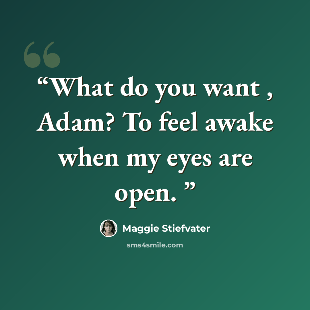 “What do you want , Adam? To feel awake when my eyes are open.” quote by Maggie Stiefvater