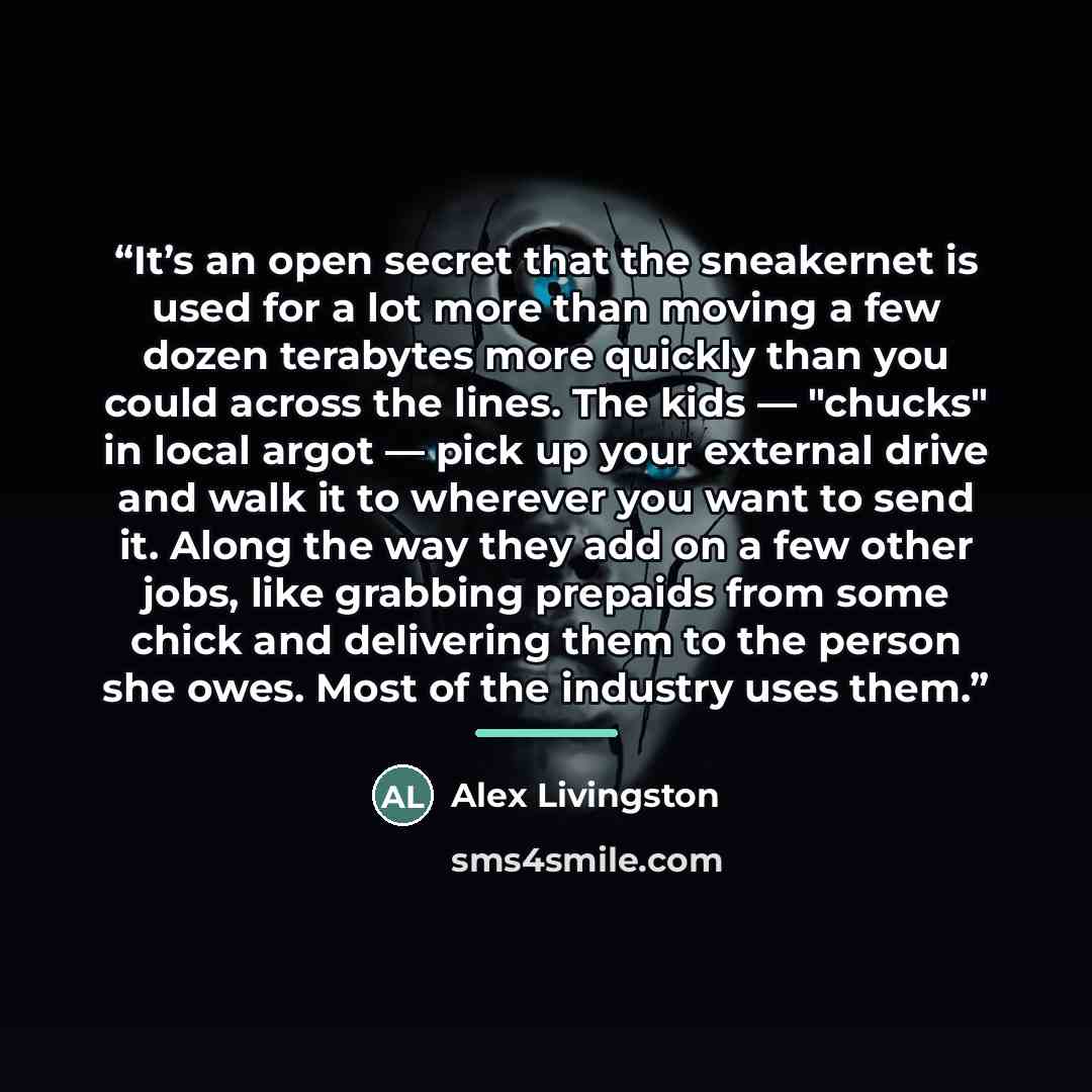“It’s an open secret that the sneakernet is used for a lot more than moving a few dozen terabytes more quickly than you could across the lines. The kids — "chucks" in local argot — pick up your external drive and walk it to wherever you want to send it. Along the way they add on a few other jobs…” quote by Alex Livingston