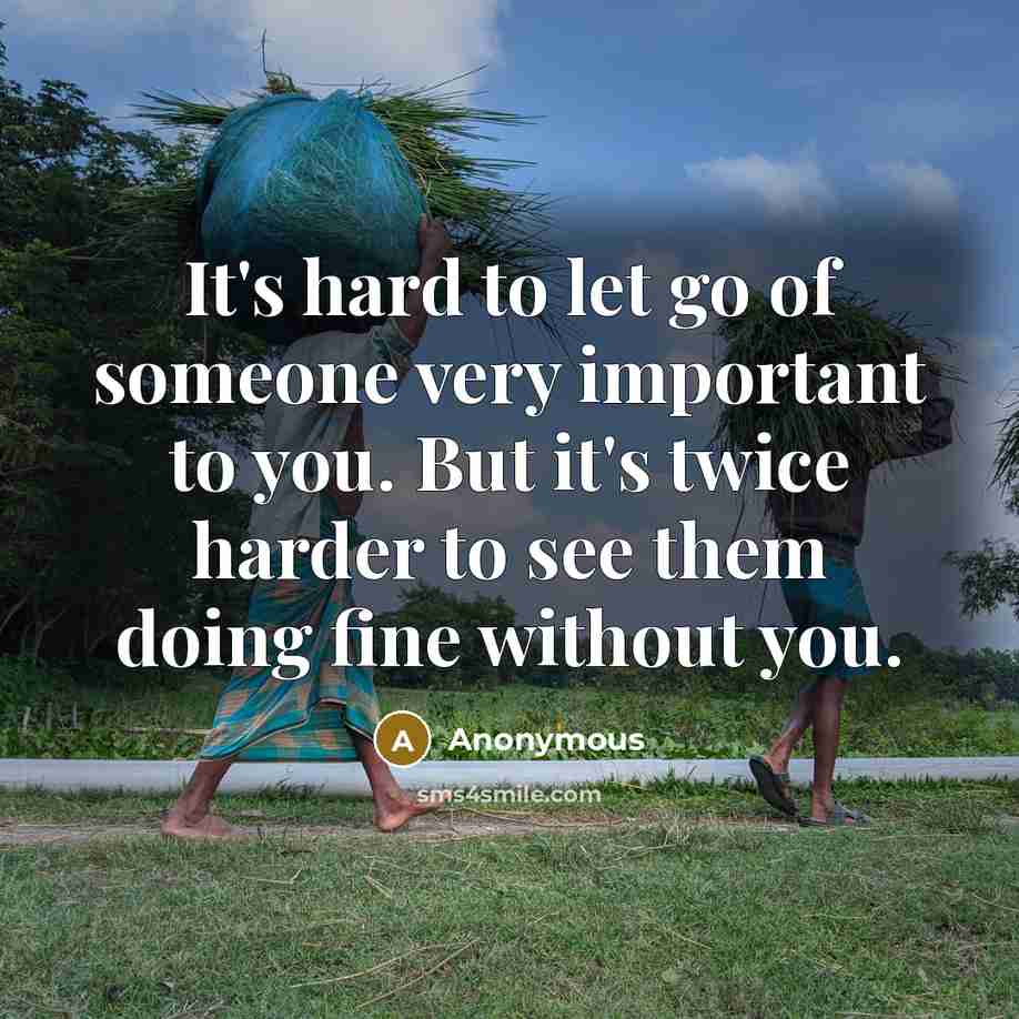 “It's hard to let go of someone very important to you. But it's twice harder to see them doing fine without you.” quote by Anonymous