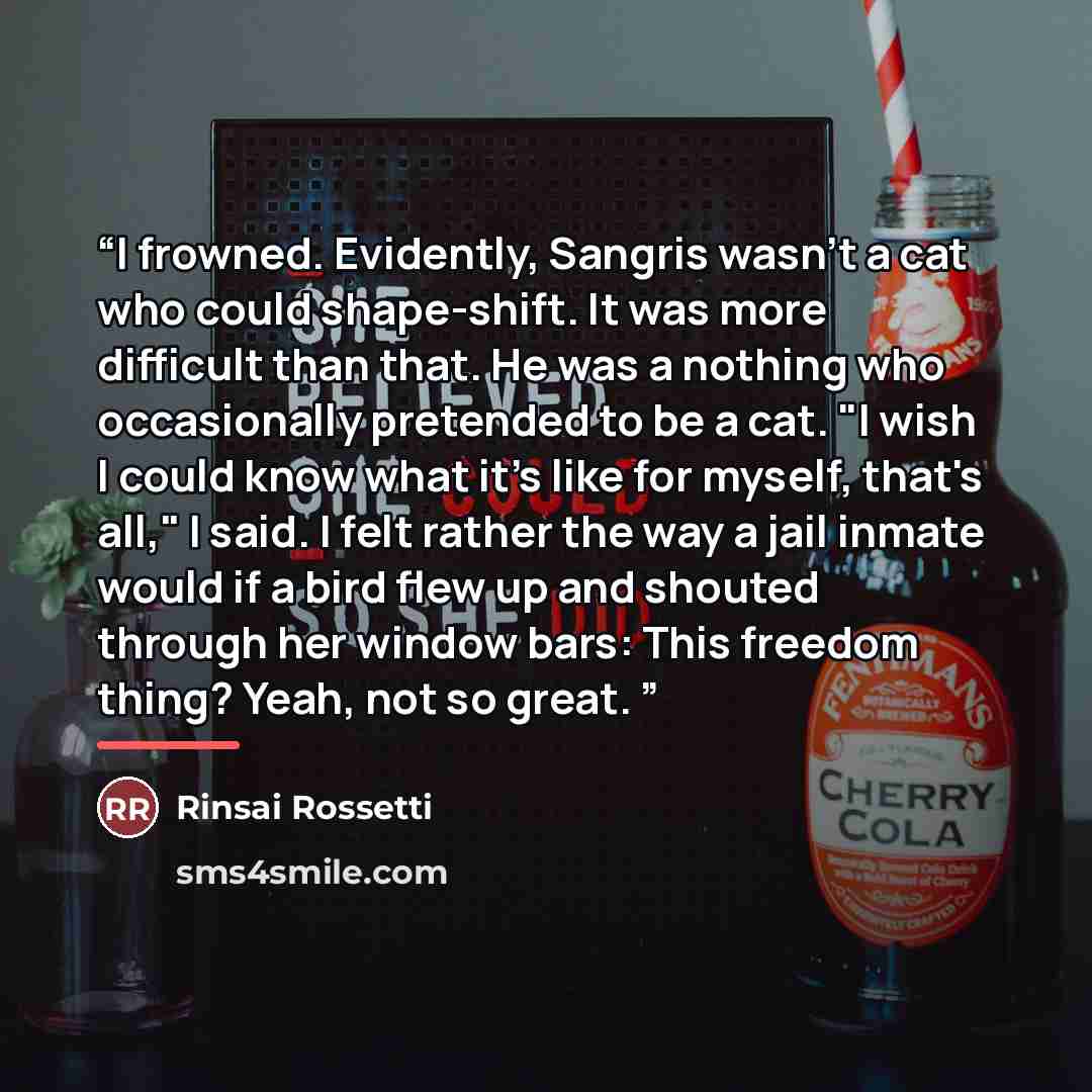 “I frowned. Evidently, Sangris wasn't a cat who could shape-shift. It was more difficult than that. He was a nothing who occasionally pretended to be a cat. "I wish I could know what it's like for myself, that's all," I said. I felt rather the way a jail inmate would if a bird flew up and shouted…” quote by Rinsai Rossetti