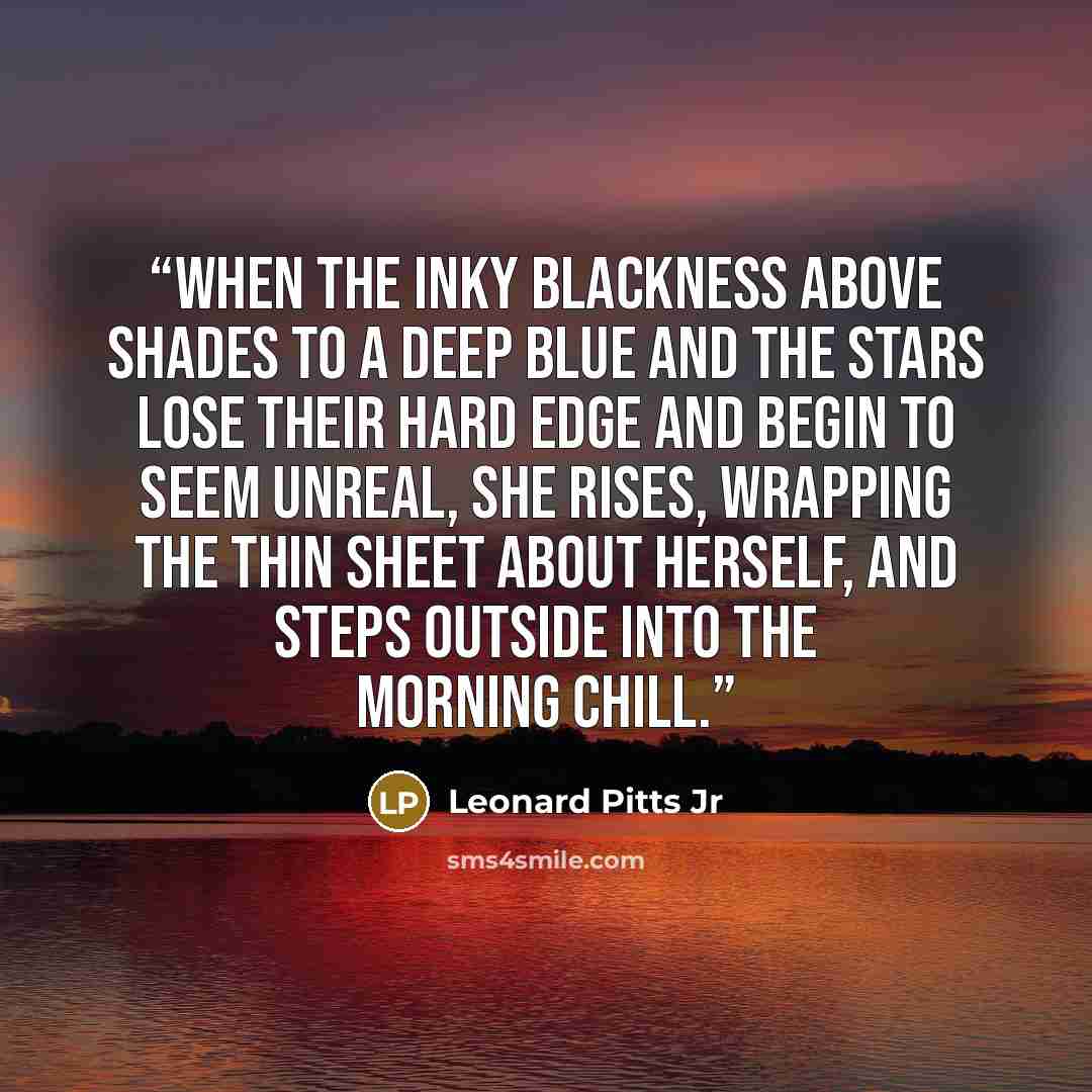 “When the inky blackness above shades to a deep blue and the stars lose their hard edge and begin to seem unreal, she rises, wrapping the thin sheet about herself, and steps outside into the morning chill.” quote by Leonard Pitts Jr