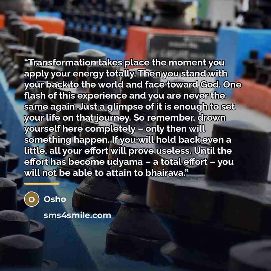 “Transformation takes place the moment you apply your energy totally. Then you stand with your back to the world and face toward God. One flash of this experience and you are never the same again. Just a glimpse of it is enough to set your life on that journey. So remember, drown yourself here…” quote by Osho