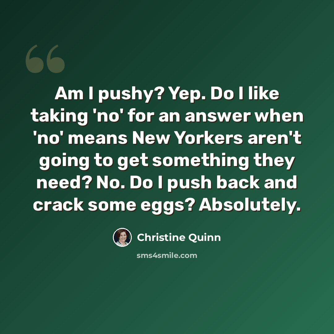 “Am I pushy? Yep. Do I like taking 'no' for an answer when 'no' means New Yorkers aren't going to get something they need? No. Do I push back and crack some eggs? Absolutely.” quote by Christine Quinn