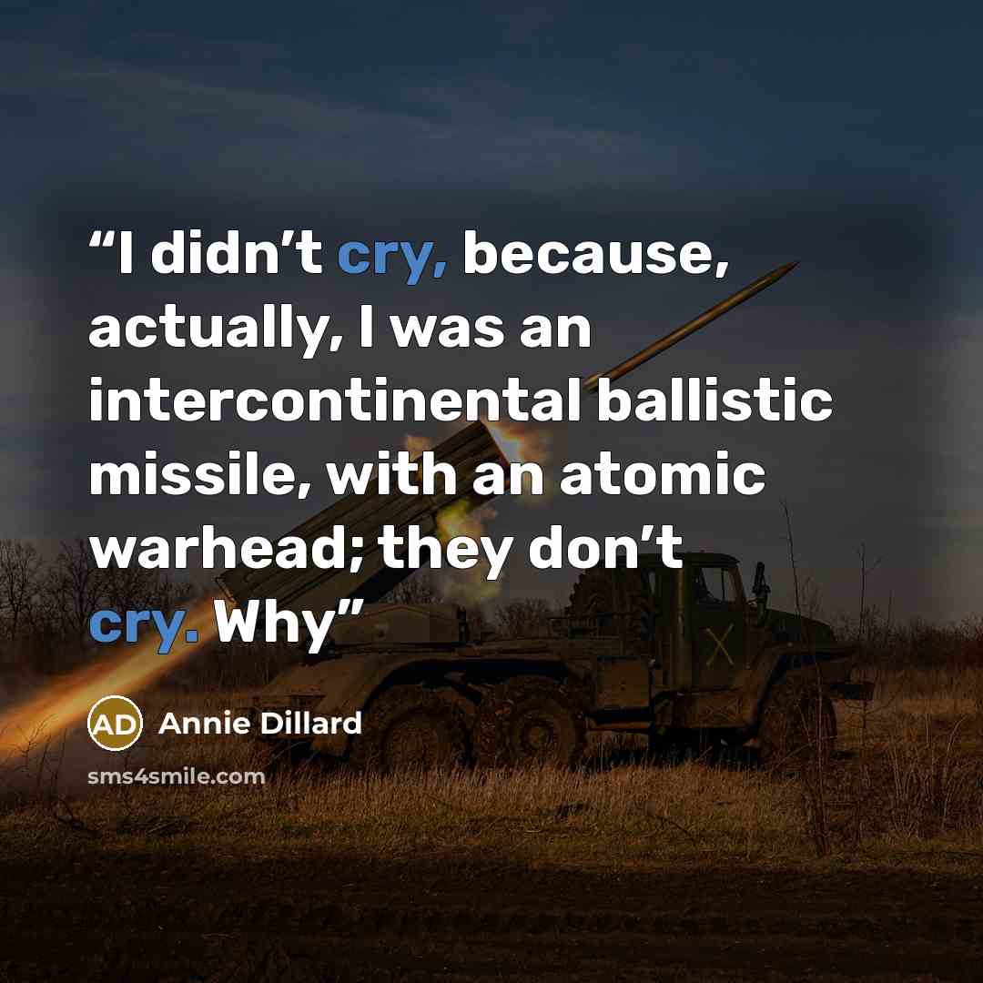 “I didn’t cry, because, actually, I was an intercontinental ballistic missile, with an atomic warhead; they don’t cry. Why” quote by Annie Dillard