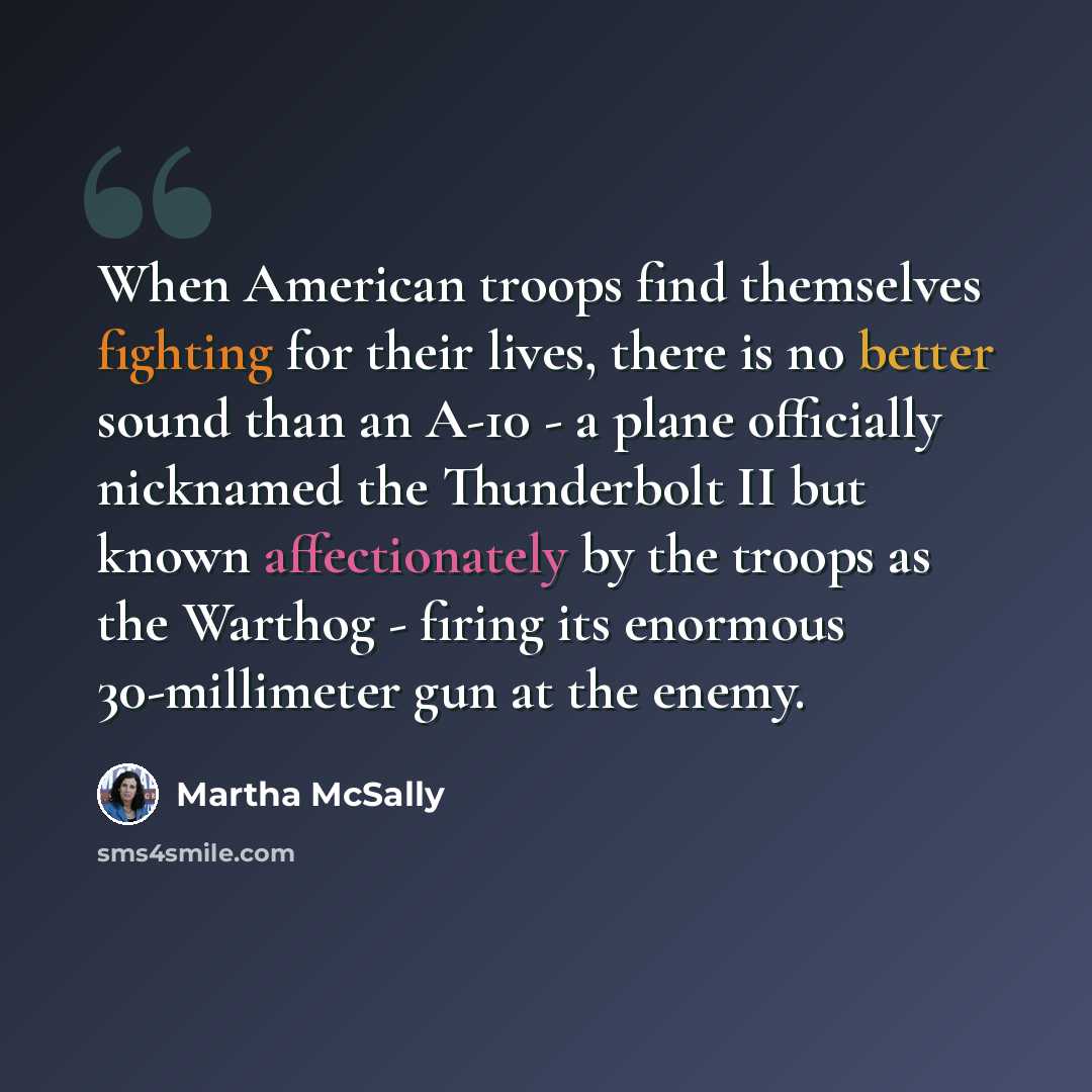 “When American troops find themselves fighting for their lives, there is no better sound than an A-10 - a plane officially nicknamed the Thunderbolt II but known affectionately by the troops as the Warthog - firing its enormous 30-millimeter gun at the enemy.” quote by Martha McSally