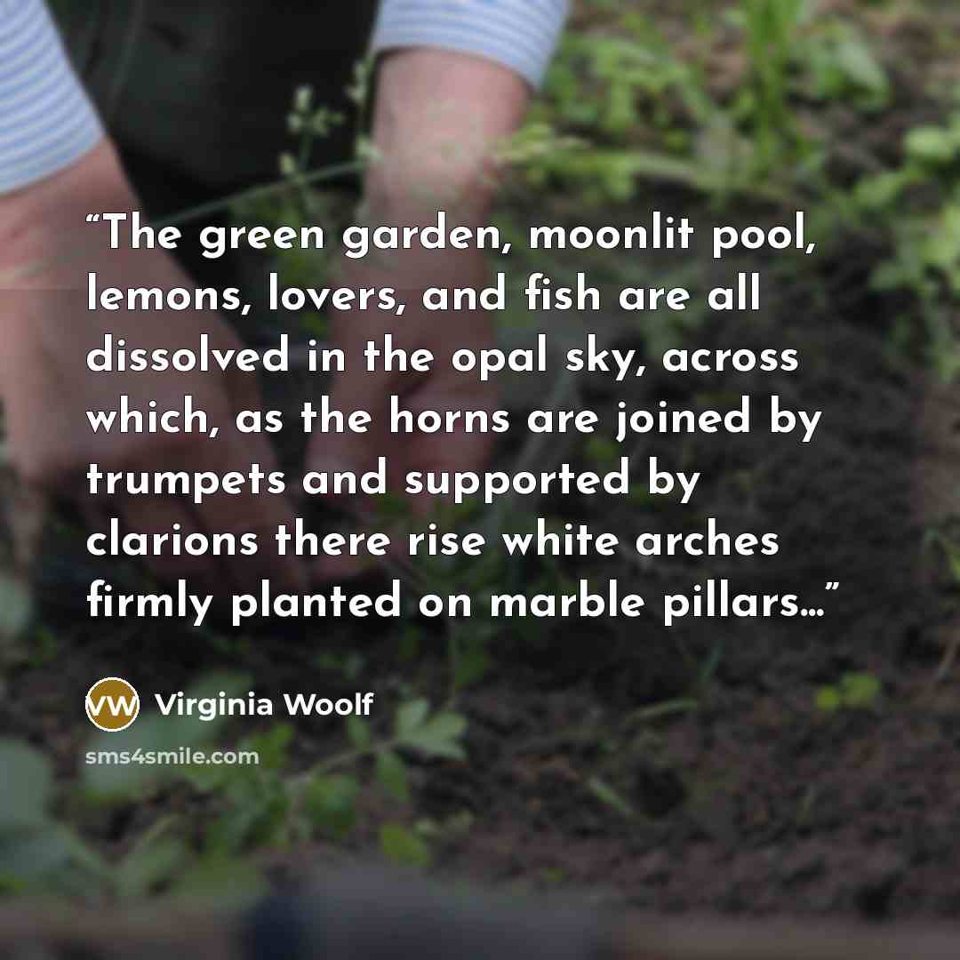 “The green garden, moonlit pool, lemons, lovers, and fish are all dissolved in the opal sky, across which, as the horns are joined by trumpets and supported by clarions there rise white arches firmly planted on marble pillars...” quote by Virginia Woolf