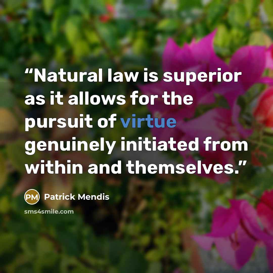 “Natural law is superior as it allows for the pursuit of virtue genuinely initiated from within and themselves.” quote by Patrick Mendis