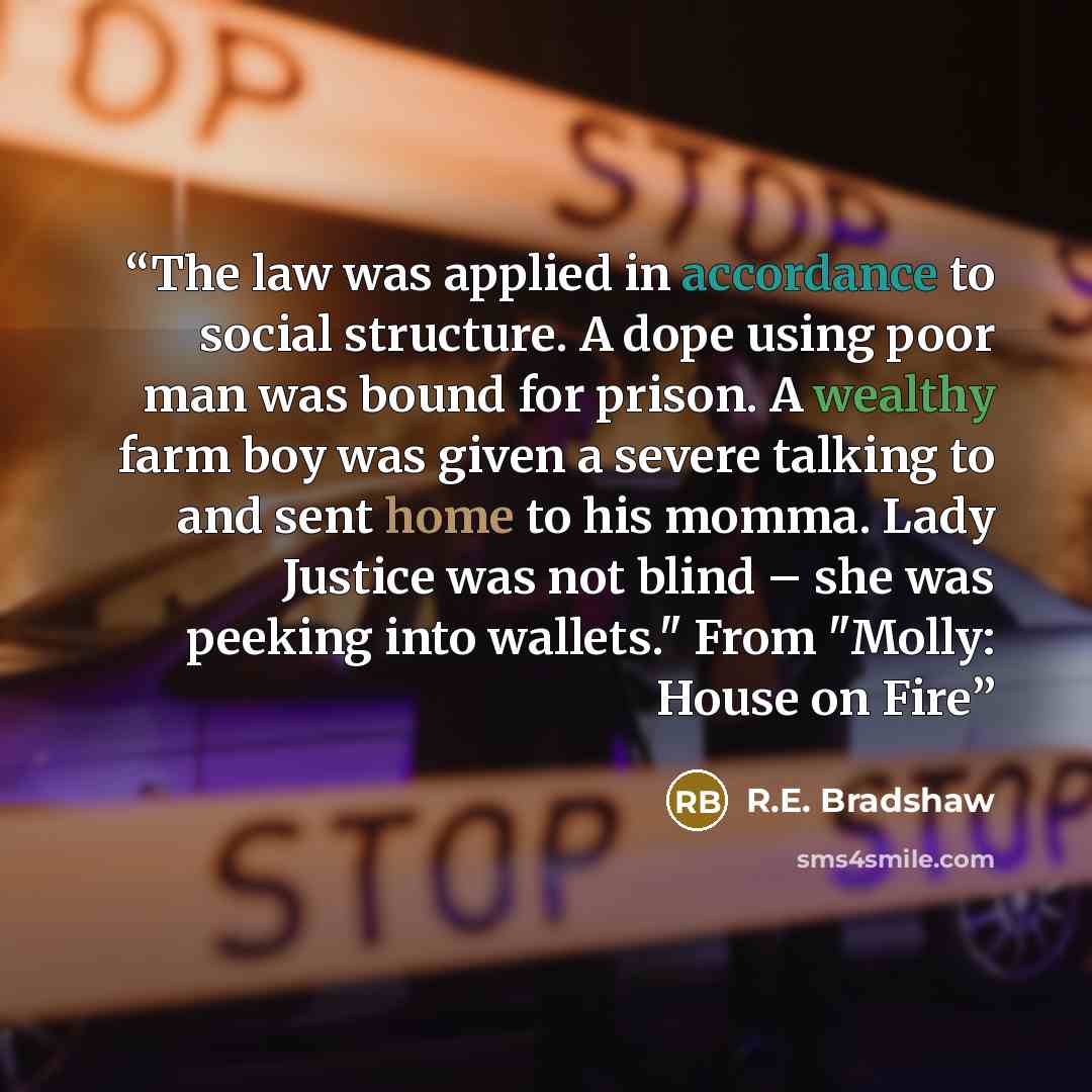 “The law was applied in accordance to social structure. A dope using poor man was bound for prison. A wealthy farm boy was given a severe talking to and sent home to his momma. Lady Justice was not blind – she was peeking into wallets." From "Molly: House on Fire” quote by R.E. Bradshaw
