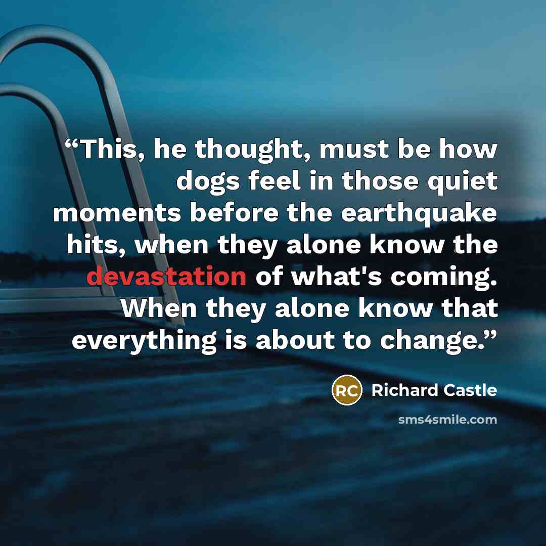 “This, he thought, must be how dogs feel in those quiet moments before the earthquake hits, when they alone know the devastation of what's coming. When they alone know that everything is about to change.” quote by Richard Castle