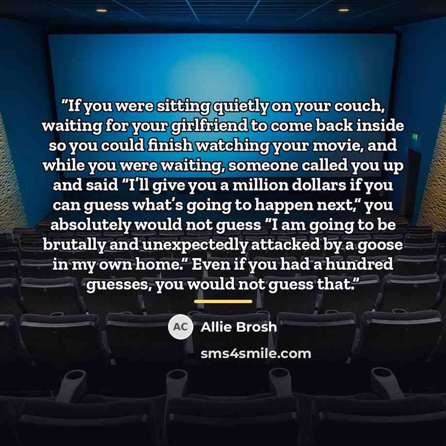 “If you were sitting quietly on your couch, waiting for your girlfriend to come back inside so you could finish watching your movie, and while you were waiting, someone called you up and said “I’ll give you a million dollars if you can guess what’s going to happen next,” you absolutely would not…” quote by Allie Brosh