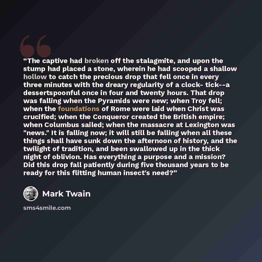 “The captive had broken off the stalagmite, and upon the stump had placed a stone, wherein he had scooped a shallow hollow to catch the precious drop that fell once in every three minutes with the dreary regularity of a clock- tick--a dessertspoonful once in four and twenty hours. That drop was…” quote by Mark Twain