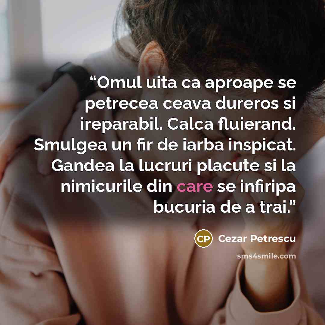 “Omul uita ca aproape se petrecea ceava dureros si ireparabil. Calca fluierand. Smulgea un fir de iarba inspicat. Gandea la lucruri placute si la nimicurile din care se infiripa bucuria de a trai.” quote by Cezar Petrescu