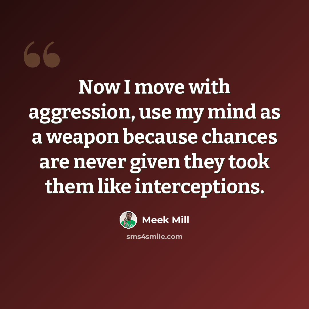 “Now I move with aggression, use my mind as a weapon because chances are never given they took them like interceptions.” quote by Meek Mill